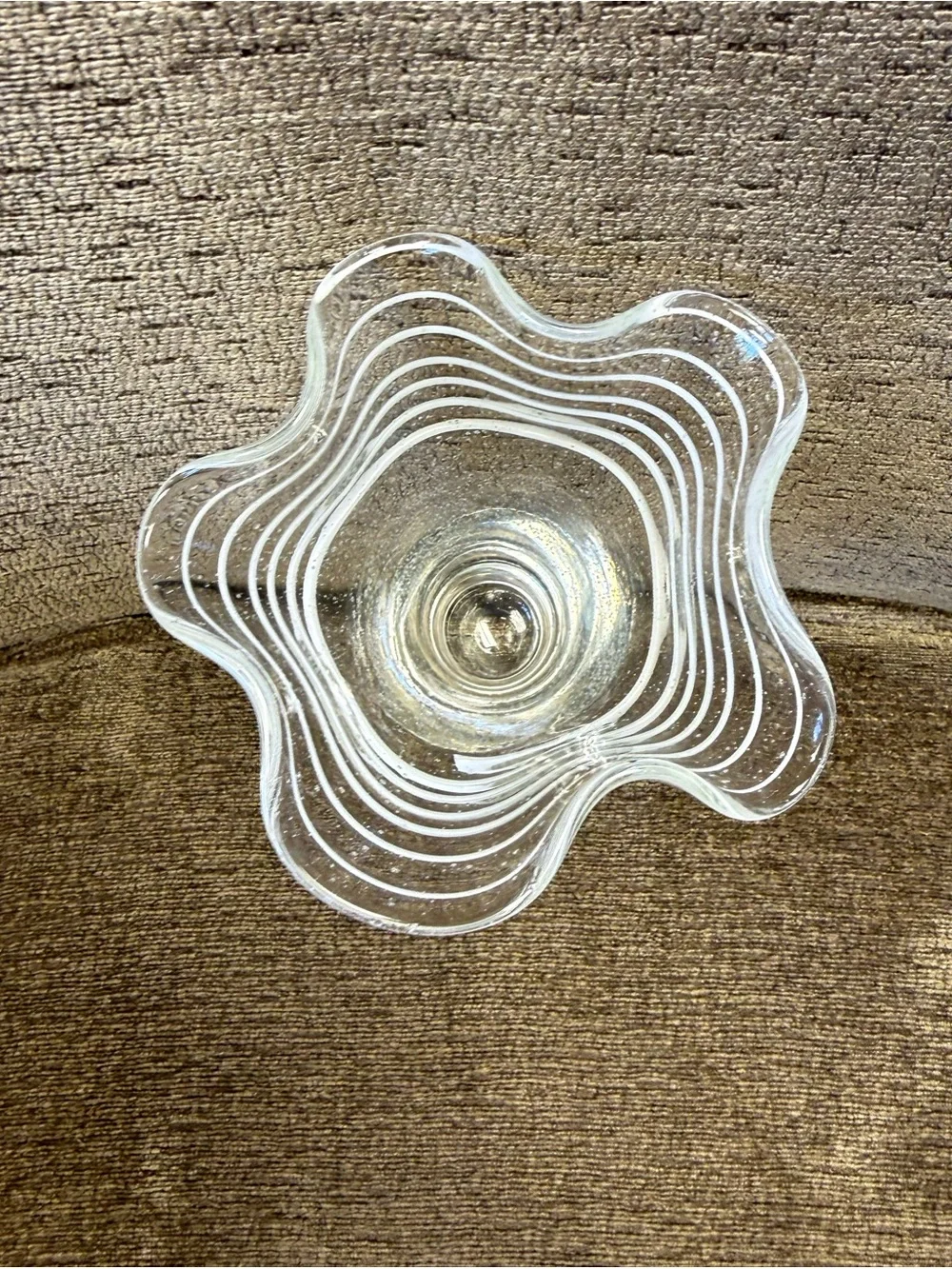 Blown Art Glass Trumpet Handkerchief Vase Clear Bubbles Applied White Rigaree